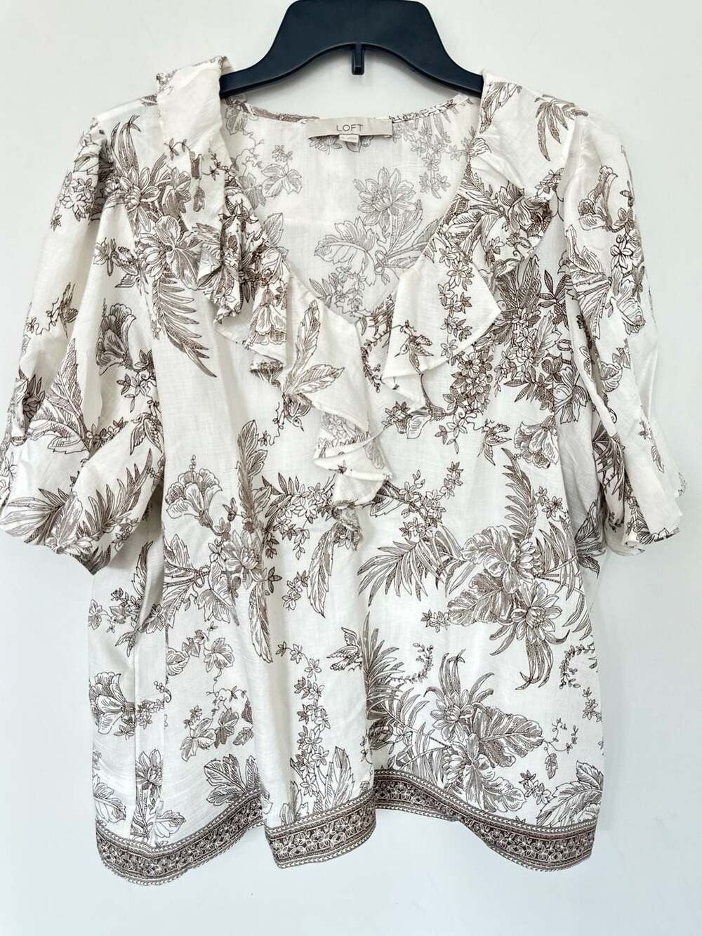 Loft Floral Toile Pintucked Ruffle Blouse Size XL Brown White Top